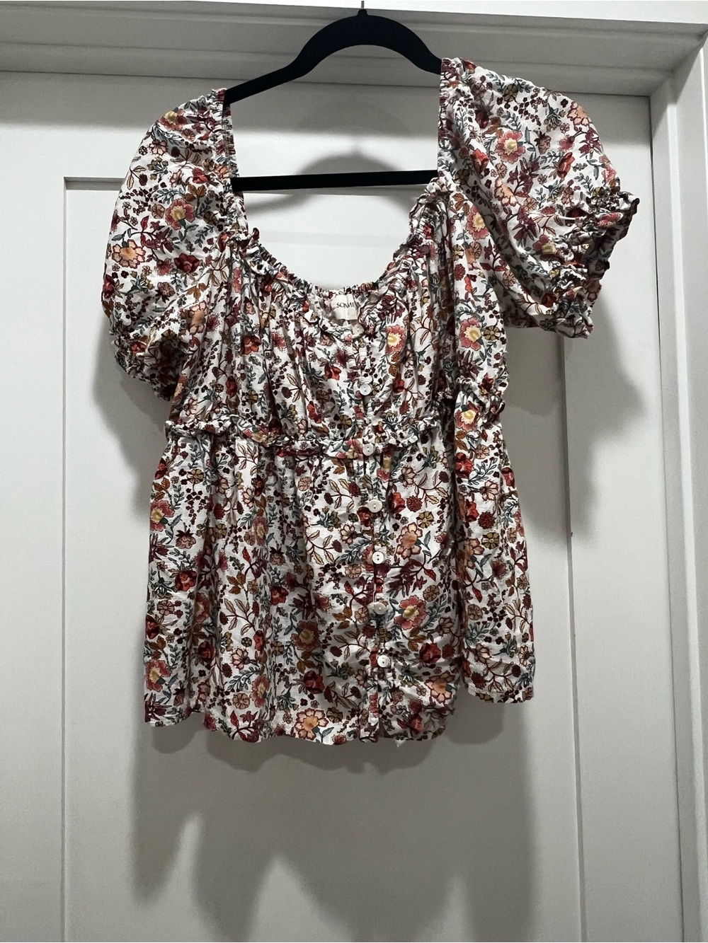 Floral Puff-Sleeve Button-Front Blouse - White Multi - size L